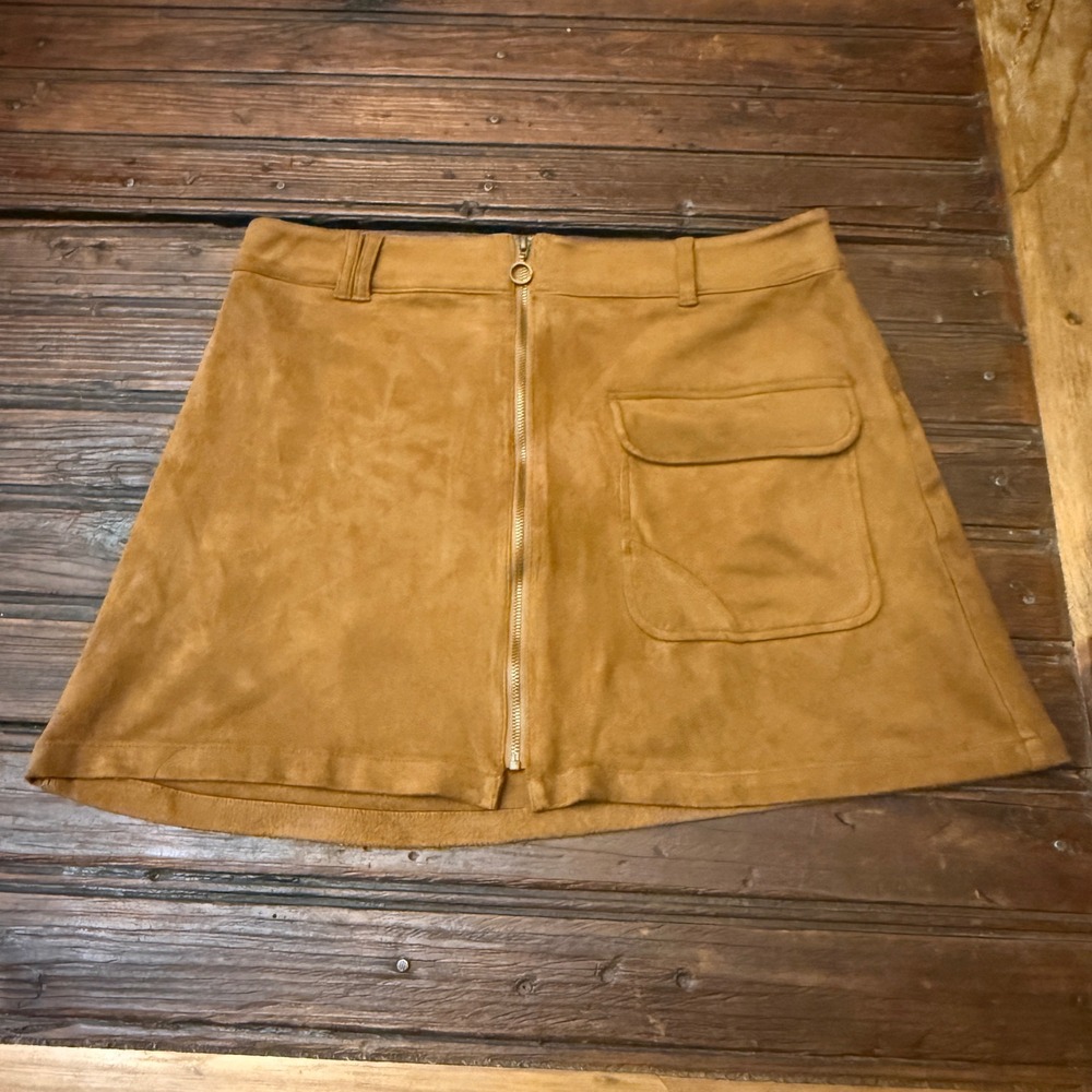 Forever 21 Womens Faux Suede Zip Front Mini Skirt Tan Camel Size M Festival Boho